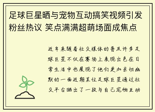足球巨星晒与宠物互动搞笑视频引发粉丝热议 笑点满满超萌场面成焦点